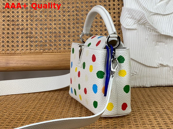 LV x YK Capucines Mini Handbag in White Taurillon Bull Calf Leather with 3D Painted Dots Print Replica