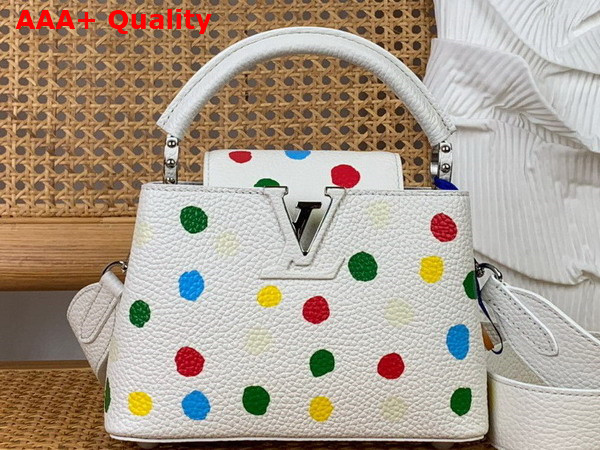 LV x YK Capucines Mini Handbag in White Taurillon Bull Calf Leather with 3D Painted Dots Print Replica