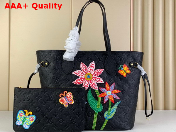LV x YK Neverfull MM Black Embossed Grained Monogram Empreinte Cowhide Leather with Flower Marquetry Replica