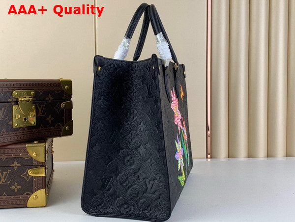 LV x YK Onthego MM Black Embossed Grained Monogram Empreinte Cowhide Leather with Flower Marquetry M46416 Replica
