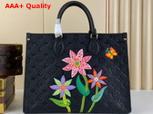 LV x YK Onthego MM Black Embossed Grained Monogram Empreinte Cowhide Leather with Flower Marquetry M46416 Replica