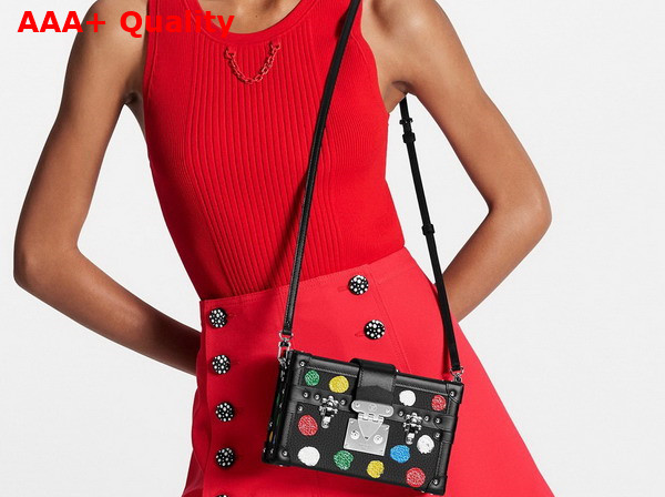 LV x YK Petite Malle in Black Taurillon Bull Calf Leather with 3D Painted Dots Print M21621 Replica
