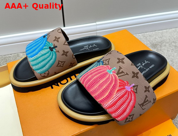 LV x YK Pool Pillow Flat Comfort Mule in Beige Nylon with a Colorful Pumpkins Print Replica