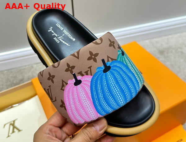 LV x YK Pool Pillow Flat Comfort Mule in Beige Nylon with a Colorful Pumpkins Print Replica