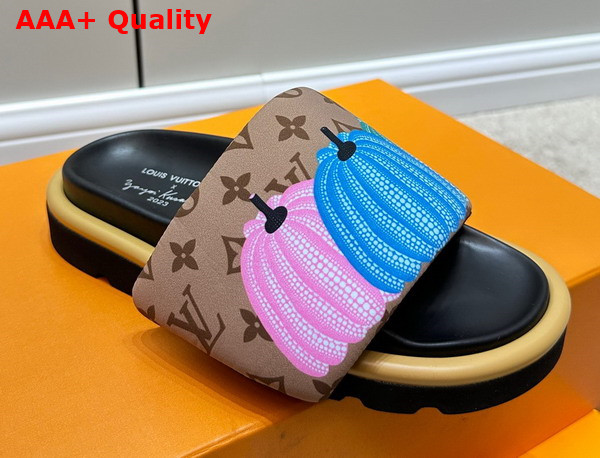 LV x YK Pool Pillow Flat Comfort Mule in Beige Nylon with a Colorful Pumpkins Print Replica