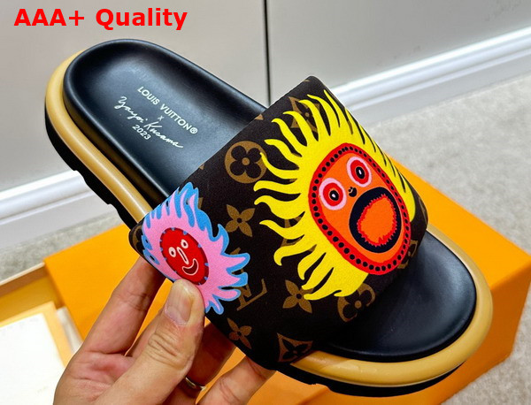 LV x YK Pool Pillow Flat Comfort Mule in Cacao Brown Embroidered Monogram Nylon 1ABD8T Replica