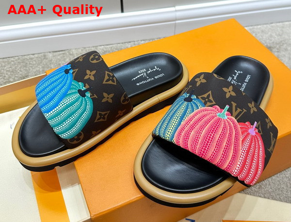 LV x YK Pool Pillow Flat Comfort Mule in Cacao Brown Nylon with a Colorful Pumpkins Print 1ABD91 Replica