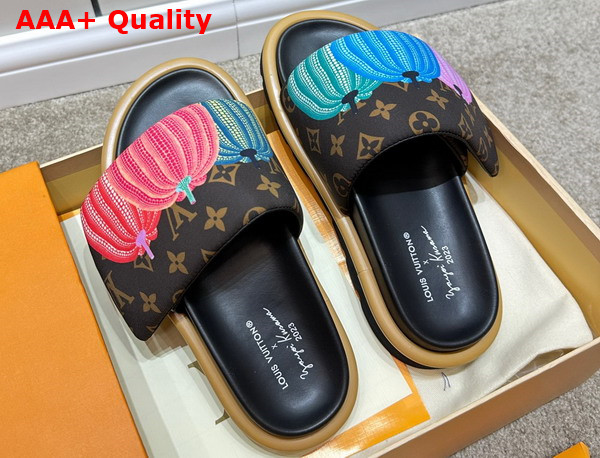 LV x YK Pool Pillow Flat Comfort Mule in Cacao Brown Nylon with a Colorful Pumpkins Print 1ABD91 Replica