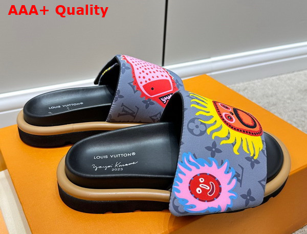 LV x YK Pool Pillow Flat Comfort Mule in Gray Embroidered Monogram Nylon Replica