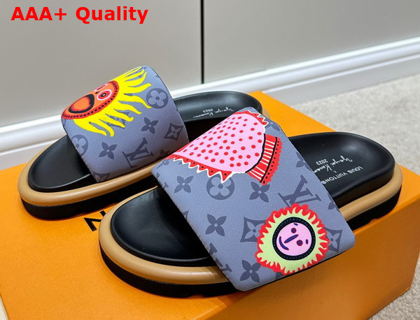 LV x YK Pool Pillow Flat Comfort Mule in Gray Embroidered Monogram Nylon Replica