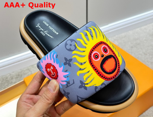 LV x YK Pool Pillow Flat Comfort Mule in Gray Embroidered Monogram Nylon Replica
