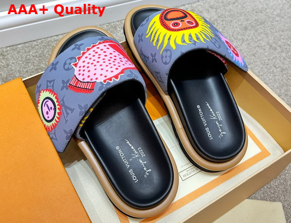 LV x YK Pool Pillow Flat Comfort Mule in Gray Embroidered Monogram Nylon Replica