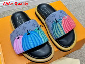 LV x YK Pool Pillow Flat Comfort Mule in Gray Nylon with a Colorful Pumpkins Print Replica