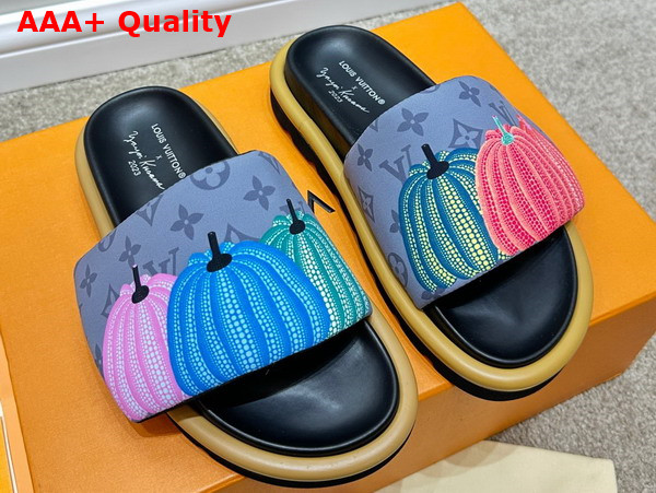 LV x YK Pool Pillow Flat Comfort Mule in Gray Nylon with a Colorful Pumpkins Print Replica
