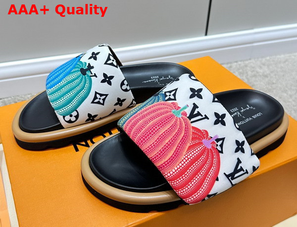 LV x YK Pool Pillow Flat Comfort Mule in White Nylon with a Colorful Pumpkins Print Replica