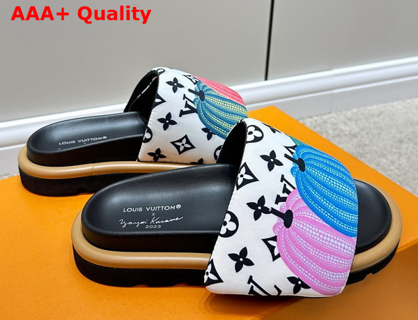 LV x YK Pool Pillow Flat Comfort Mule in White Nylon with a Colorful Pumpkins Print Replica