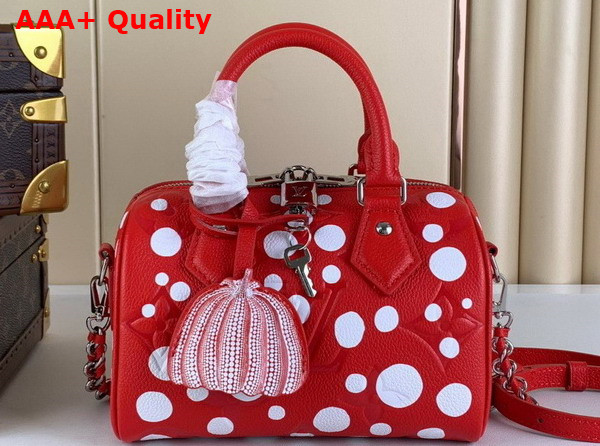 LV x YK Speedy Bandouliere 20 Monogram Empreinte Cowhide Leather wih Infinity Dots Print Red and White M46411 Replica