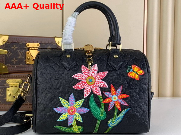 LV x YK Speedy Bandouliere 25 in Black Embossed Grained Monogram Empreinte Cowhide Leather with Flower Marquetry M46415 Replica