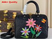 LV x YK Speedy Bandouliere 25 in Black Embossed Grained Monogram Empreinte Cowhide Leather with Flower Marquetry M46415 Replica