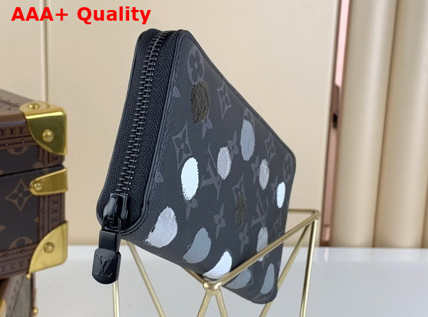 LV x YK Zippy Wallet Vertical Black and Silver Monogram Eclipse Coated Canvas with 3D Painted Dots Print Replica