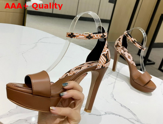Louis Vuitton Afterglow Platform Sandal in Caramel Calf Leather and Monogram Giant Coated Canvas Replica