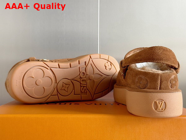 Louis Vuitton Aspen Platform Clog in Brown Monogram Debossed Suede Calf Leather and Shearling 1ACHWB Replica