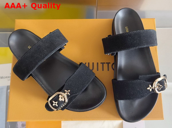Louis Vuitton Bom Dia Flat Comfort Mule in Black Suede Calf Leather Replica
