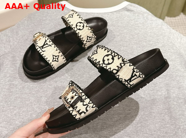 Louis Vuitton Bom Dia Flat Comfort Mule in Black and White Raffia 1ACZID Replica
