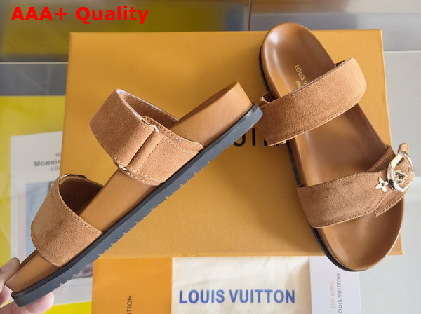 Louis Vuitton Bom Dia Flat Comfort Mule in Tobacco Brown Suede Calf Leather 1AGXTO Replica