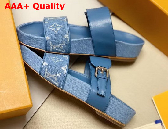 Louis Vuitton Bom Dia Flat Mules Denim Blue Monogram Denim and Calf Leather 1A7RBZ Replica