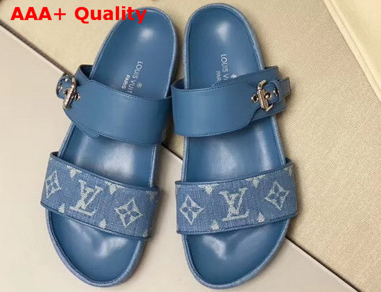 Louis Vuitton Bom Dia Flat Mules Denim Blue Monogram Denim and Calf Leather 1A7RBZ Replica