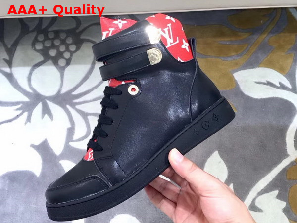 Louis Vuitton Boombox Sneaker Boot in Black Calf Leather and Patent Monogram Canvas Replica