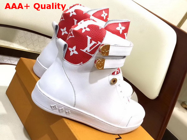 Louis Vuitton Boombox Sneaker Boot in White Calf Leather and Patent Red Monogram Canvas Replica