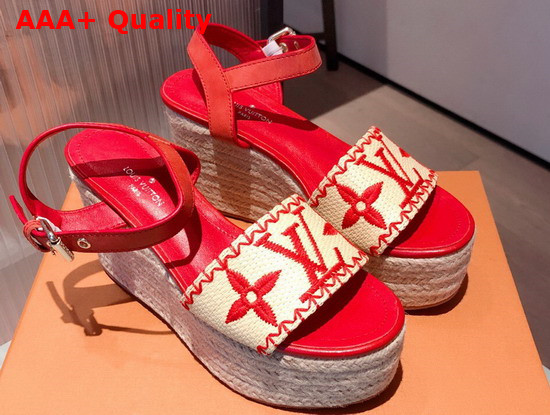 Louis Vuitton Boundary Wedge Sandal Raffia and Red Calf Leather Replica