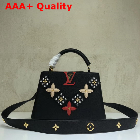 Louis Vuitton Capucines BB Black Taurillon Skin with Taiga Leather Details and Shiny Golden Monogram Blossoms Replica