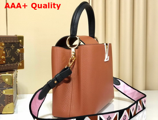 Louis Vuitton Capucines BB Handbag Gold Noir Taurillon Leather and Features a Wide Colorful Strap M59266 Replica