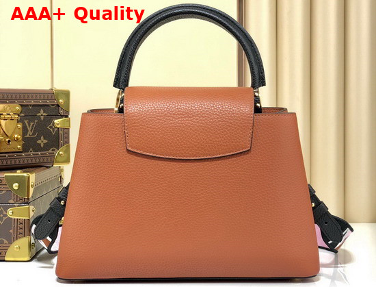 Louis Vuitton Capucines BB Handbag Gold Noir Taurillon Leather and Features a Wide Colorful Strap M59266 Replica