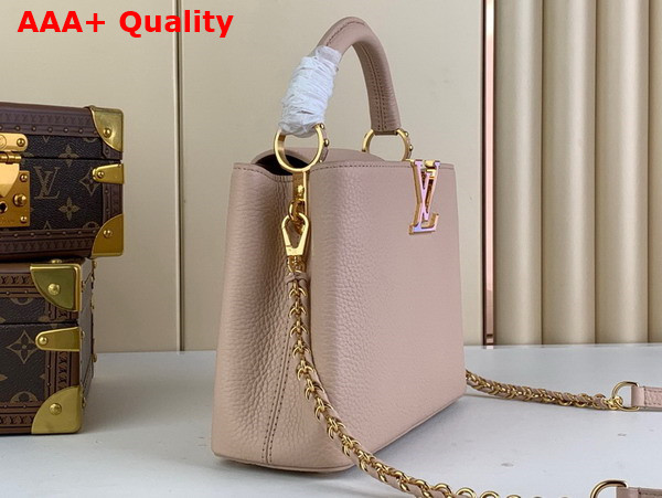 Louis Vuitton Capucines BB Handbag Quartz White Taurillon Leather Gold Color and Multicolor Finish Hardware Replica
