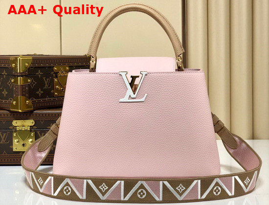 Louis Vuitton Capucines BB Handbag Rose Beige Taurillon Leather and Features a Wide Colorful Strap M59061 Replica