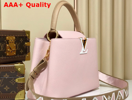 Louis Vuitton Capucines BB Handbag Rose Beige Taurillon Leather and Features a Wide Colorful Strap M59061 Replica
