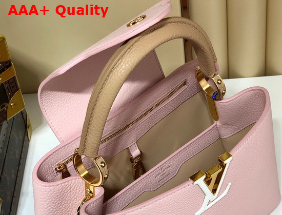 Louis Vuitton Capucines BB Handbag Rose Beige Taurillon Leather and Features a Wide Colorful Strap M59061 Replica