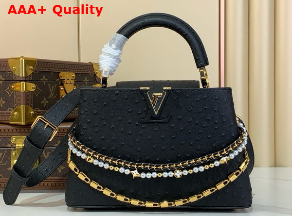 Louis Vuitton Capucines BB Handbag in Black Ostrich Leather with Triple Chain Adornment Replica