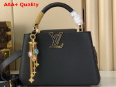 Louis Vuitton Capucines BB Handbag in Black Taurillon Leather Embellished with Tonal LV Initials and a Decorative Stone Embellished Charm Replica