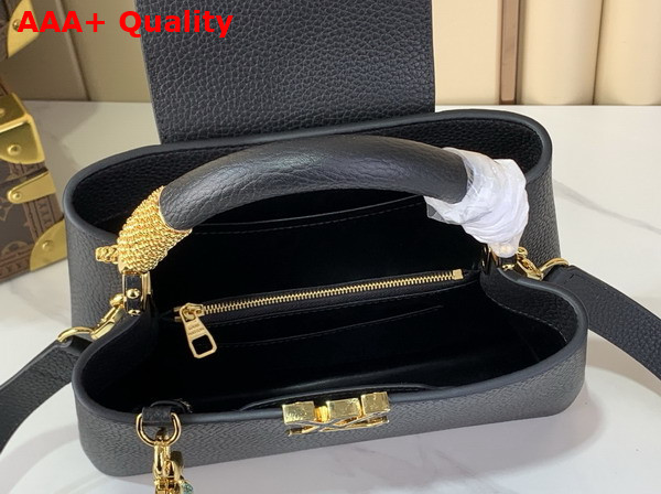 Louis Vuitton Capucines BB Handbag in Black Taurillon Leather Embellished with Tonal LV Initials and a Decorative Stone Embellished Charm Replica