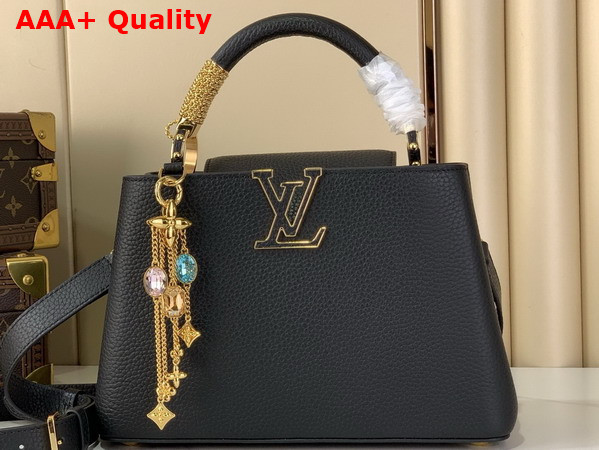 Louis Vuitton Capucines BB Handbag in Black Taurillon Leather Embellished with Tonal LV Initials and a Decorative Stone Embellished Charm Replica