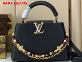 Louis Vuitton Capucines BB Handbag in Black Taurillon Leather Embellished with Two Decorative Chains M28455 Replica