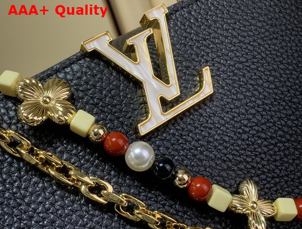 Louis Vuitton Capucines BB Handbag in Black Taurillon Leather Embellished with Two Decorative Chains M28455 Replica