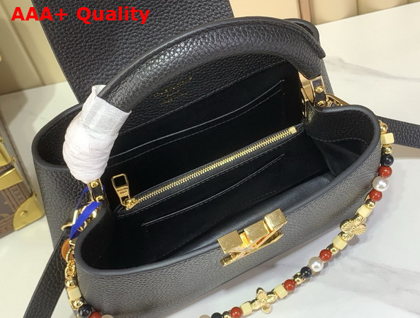 Louis Vuitton Capucines BB Handbag in Black Taurillon Leather Embellished with Two Decorative Chains M28455 Replica