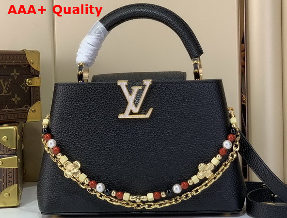 Louis Vuitton Capucines BB Handbag in Black Taurillon Leather Embellished with Two Decorative Chains M28455 Replica