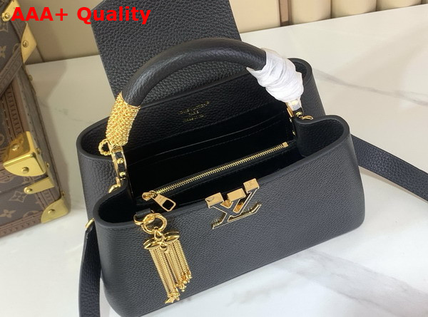 Louis Vuitton Capucines BB Handbag in Black Taurillon Leather with Gold Toned Charm Detail M26531 Replica